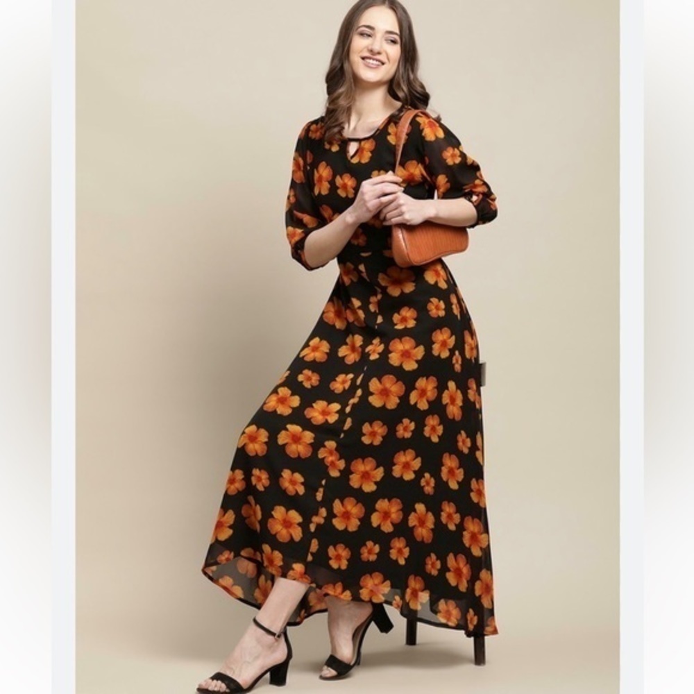 Who What Wear‎ Bell Sleeve Crewneck A-Line Dress | Black & Orange | Size…